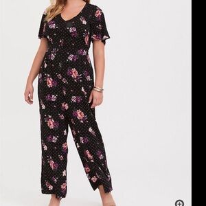 Torrid black polka dot floral wide leg v neck jumpsuit